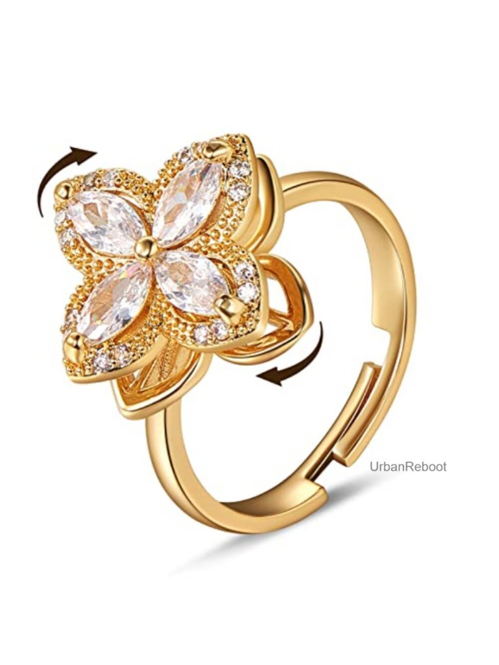 Spinner Ring Adjustable Four Leaf Clover Cuff Ring Brass Cubic Zirconia